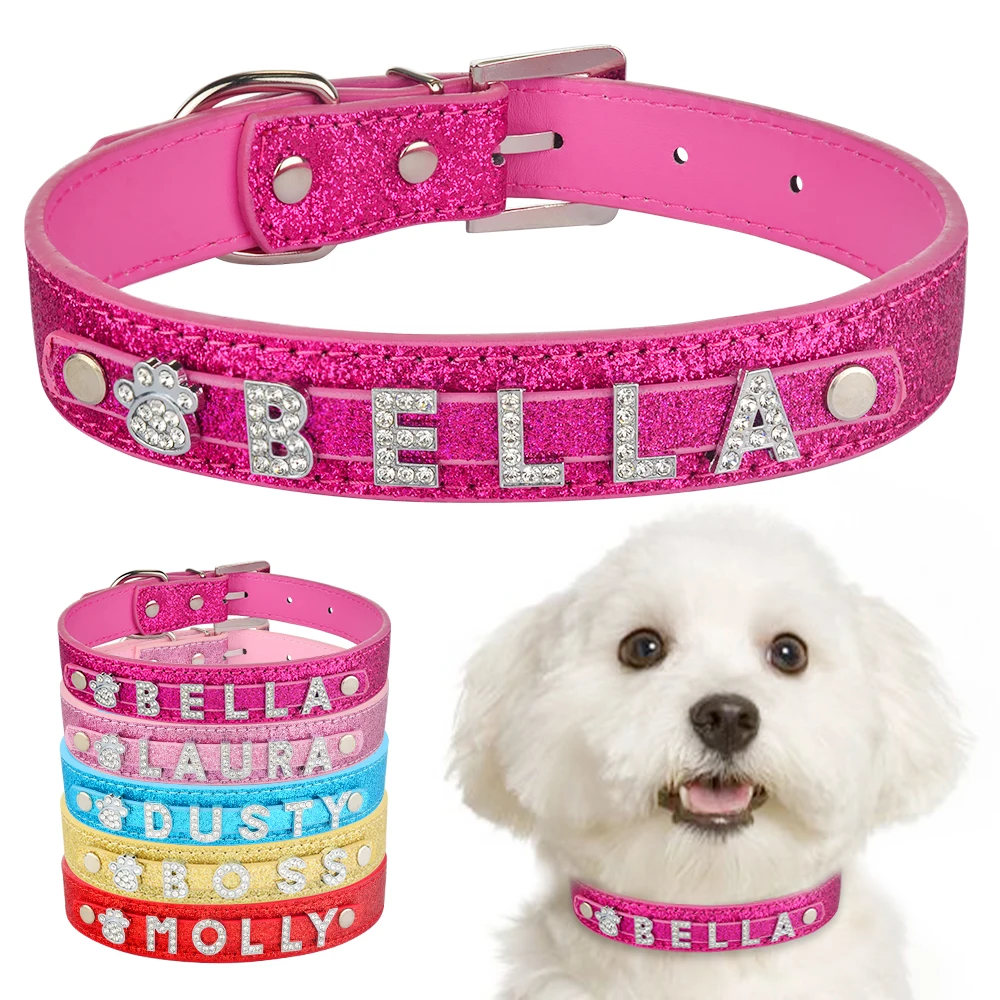 Personalized Dog Collar Leather Rhinestone Bling Charms Adjustable Custom Nylon Collar Puppy Medium Large Pet Dog Collar