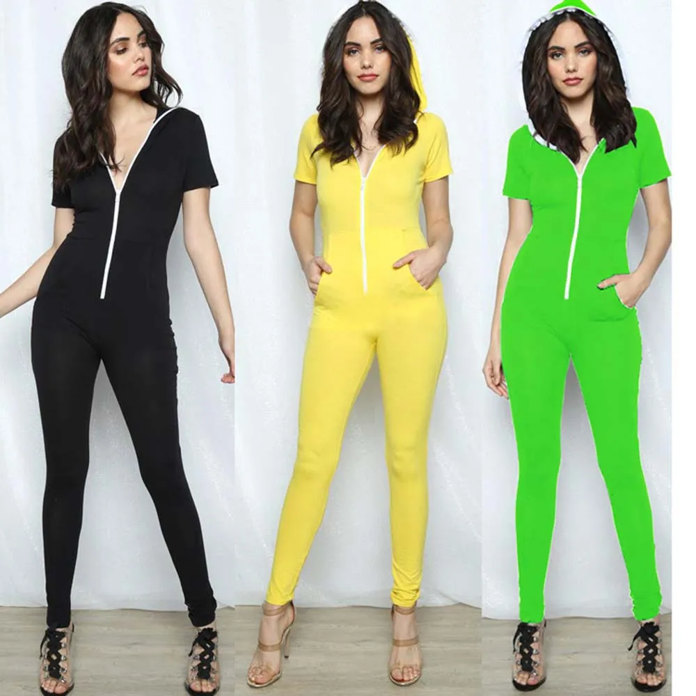 Sports Long Jumpsuits Playsuit Women Summer Romper Pajamas Playsuit Overalls Bodysuit Body Suit F0587 Hoodied