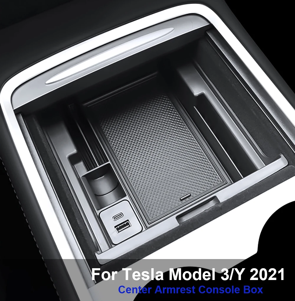 For Tesla Model 3 2021- 2023 Model Y 2020- 2024 Central Armrest Storage Box Organizer Center Console Flocking ABS Tray Organizer