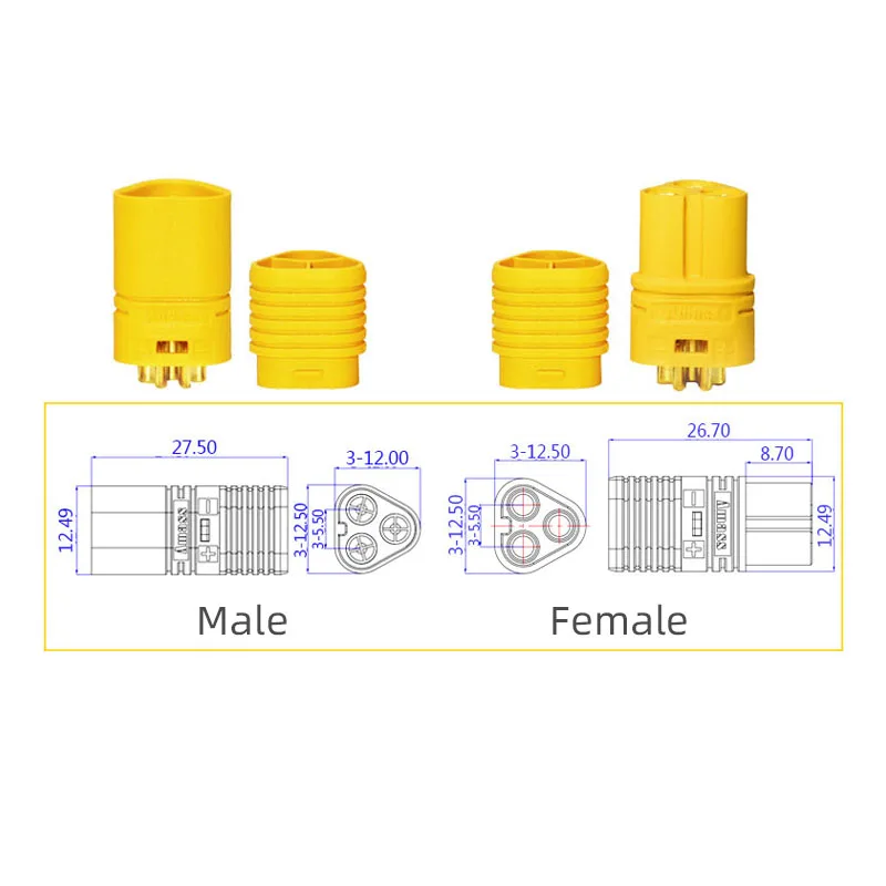 Amass MT Series MT60 Three-pin Plug Motor ESC Socket XT60 Upgraded Version 3 Hole Connector Black Yellow 5 Pairs