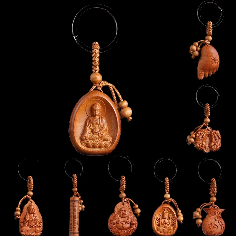 New Arrival Lucky Jewelry Peach Wood Carving Buckle Buddha Pendant Keychain For Car Bag Keyring Wholesale