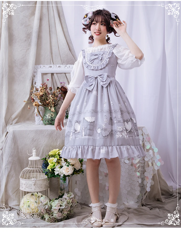 

Sweet lolita dress vintage falbala bowknot cute printing high waist princess victorian dress kawaii girl gothic lolita jsk loli