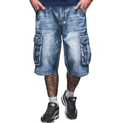 Pantalones vaqueros con múltiples bolsillos para hombre, pantalones cortos de mezclilla azul, ropa de calle suelta, pantalones cortos de mezclilla rectos de talla grande, verano, nuevo