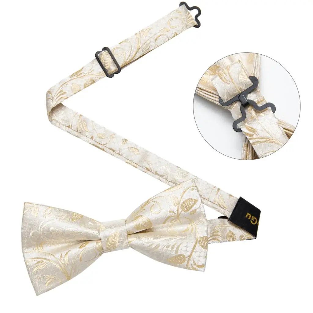Herren-Fliege 3-teiliges Set Schwarz-Gold Blumenmuster Vorgebundene Fliege Manschettenknöpfe Einstecktuch-Set für Hochzeit Party Herren-Krawatte – Detail 3