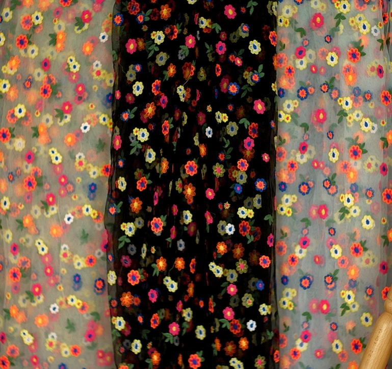 high density fine mesh gauze lace flower embroidery fabric DIY skirt clothing curtain table cloth fabric