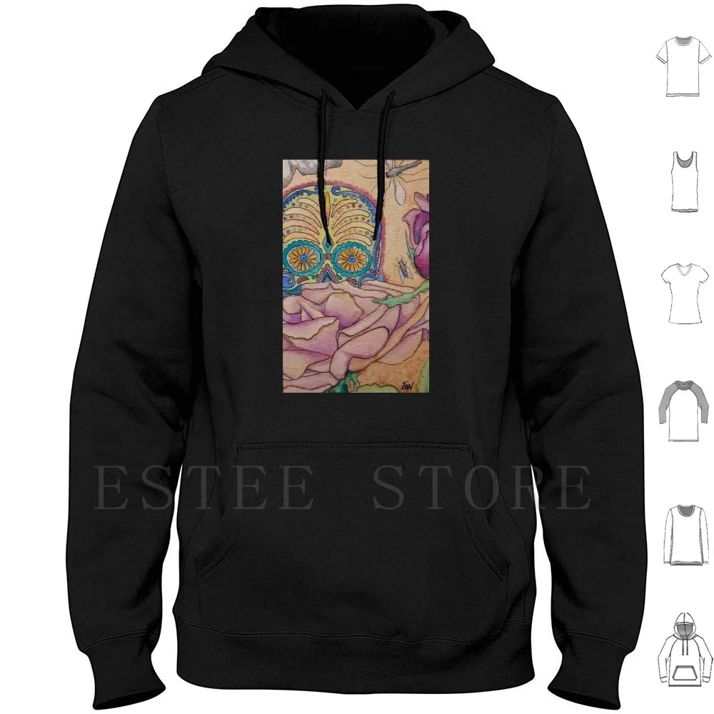 Sugar Skull Hiding Behind Rose Hoodies Long Sleeve Sugar Skull Rose Dia De Los Muertos Fly Bugs Watercolor Original