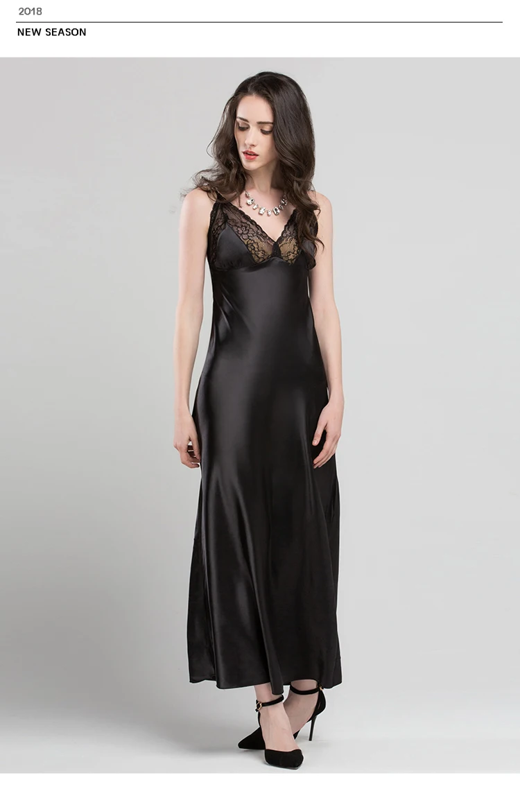 Lace Sexy Sling Sleeping Dress Satin Silk Sleepwear Women Faux Silk Long Bathrobes Female Sleeveless V-Neck Nightgowns C1618