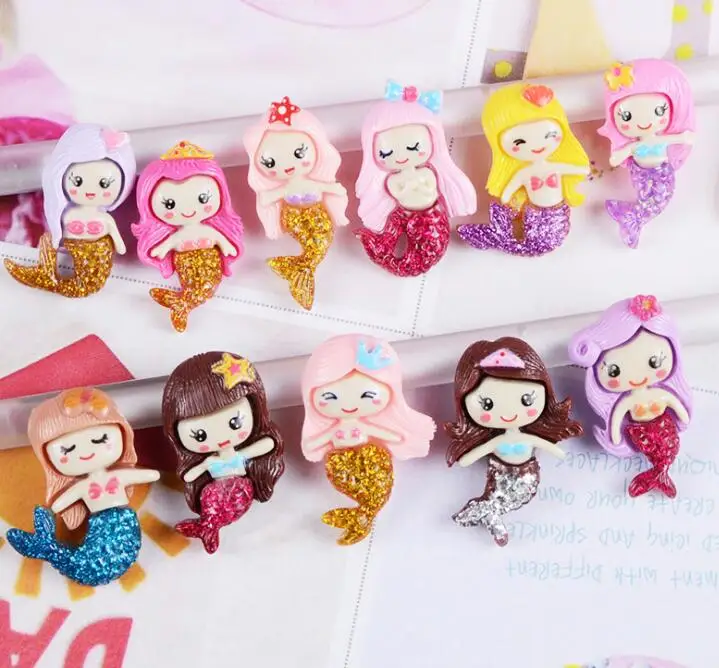 10 unids/lote de resina de espalda plana, personaje de dibujos animados, sirena, accesorios de resina DIY, cabujones de resina de moda