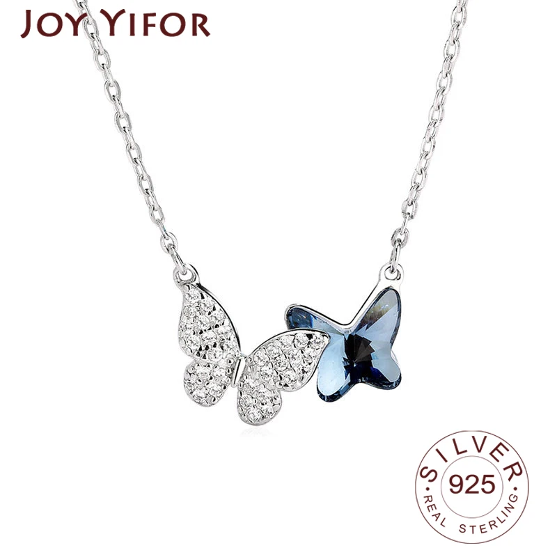 Silver Necklace Ladies Elegant Chain Necklace Fashion Blue Butterfly Shape Sterling Silver Jewelry Round Necklace