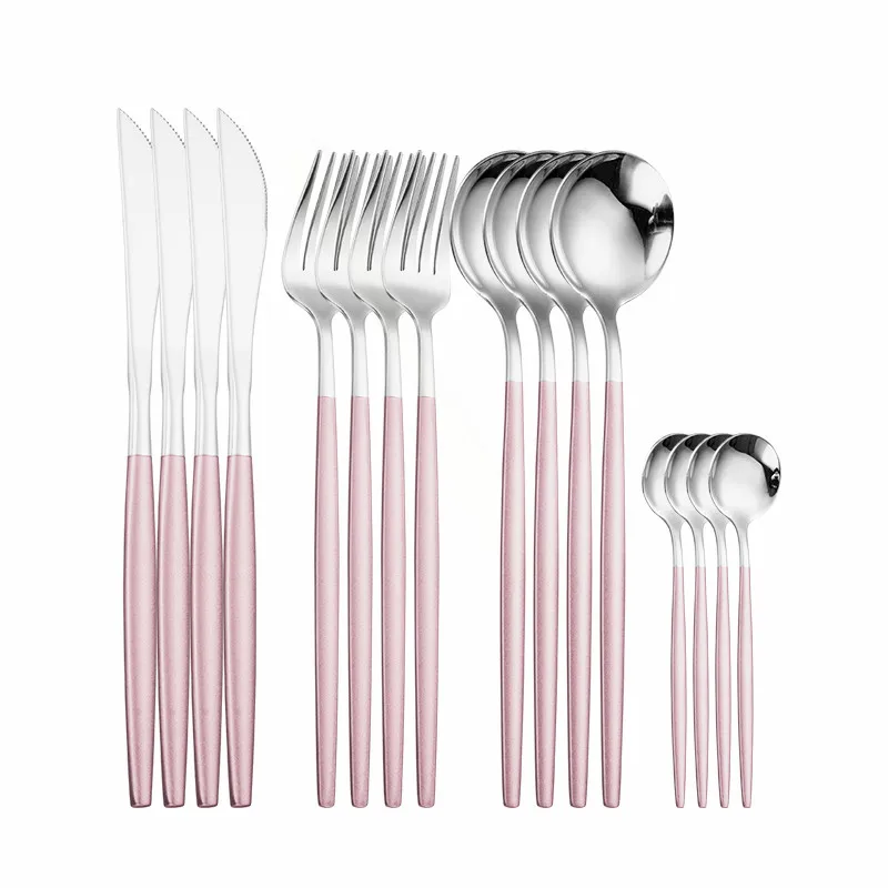 

Pink Silver Tableware Stainless Steel Cutlery Set Fork Knife Set Dinnerware Kitchen Dinner Set Mirror Flatware Dropshipping