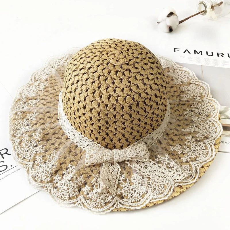 Parent-child Summer Women\'s Sun Hat Bucket cap beige lace Bowknot Flowers Ribbon Flat top Straw Hats Beach Caps Panama seaside