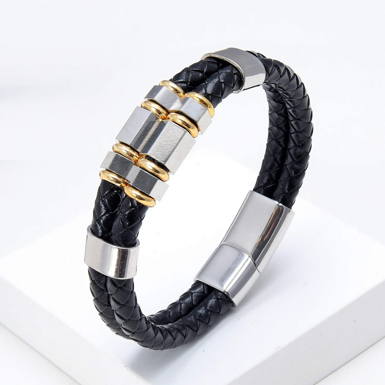 Mens Fashion Jewelry Multilayer Genuine Leather Bracelets Bangles Geometric Stainless Steel Charm Bracelet Men Gifts