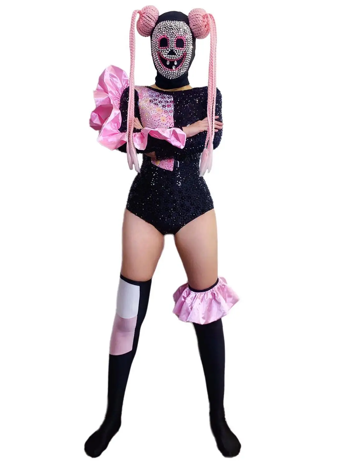 Halloween Carnival Party Pink Skull Rhinestone Bodysuit + Headgear Role Cosplay Costumes Adult Dancer Stage Outfit Sets