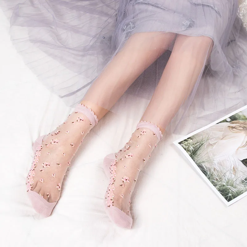 1 Pair Breathable Ultra Thin Socks Summer Women Transparent Lace Silk Crystal Rose Flower Girls Female Elastic Short Socks