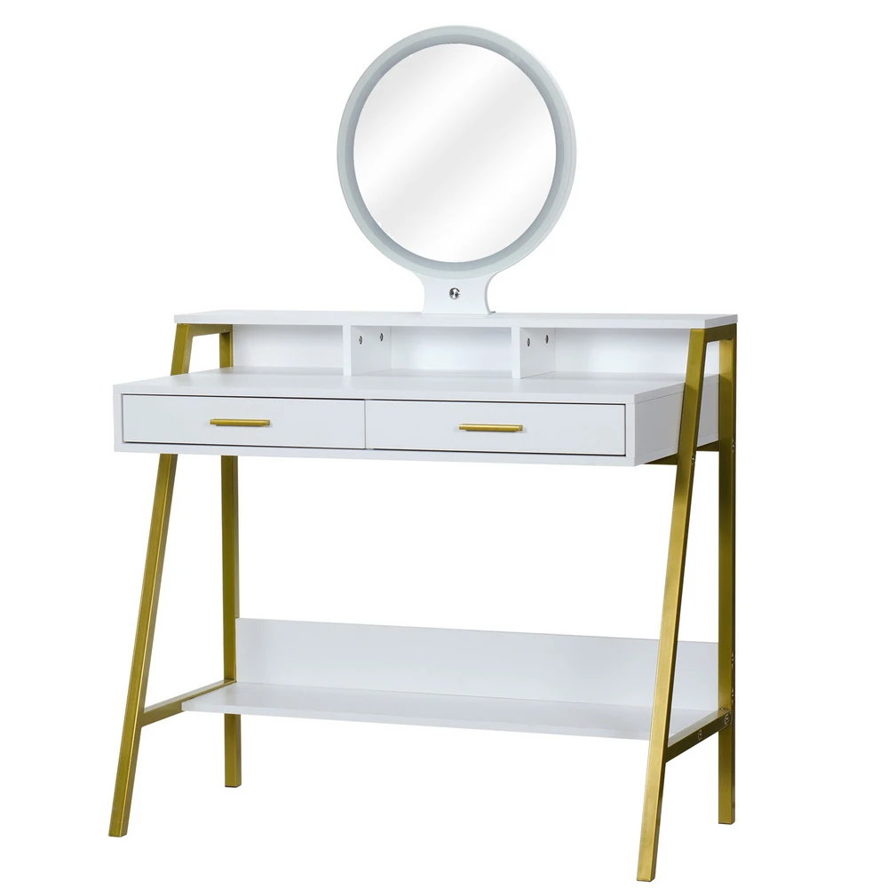 Two Colors Dressers FCH LED Three-Color Touch Round Mirror 2 Drawers With Shelf Frame With Steel Frame Dressing Table