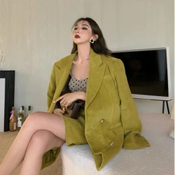 Vintage French Style Loose Women Blazer Double Breasted Casual Female Suit Coat Turn Down Collar Outerwear With Pockets