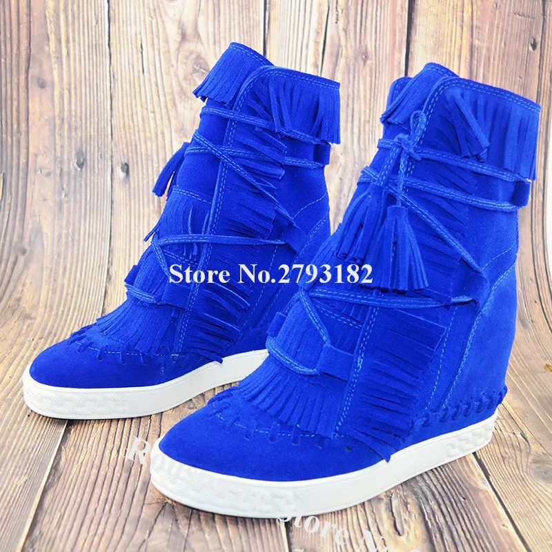 

Brand Design Women Round Toe Suede Leather Tassels Inside Wedge Short Boots Blue Red Fringes Lace-up Height Increaesed Wedges