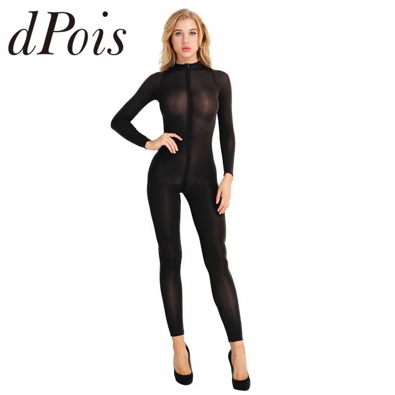 Women Sexy One-Piece Bodystocking Long Sleeves Double Zipper Sheer Smooth See Through Open Crotch Bodysuit Jumpsuit Catsuit