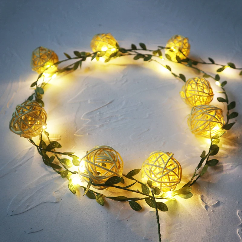 tiny leaves garland fairy Lights with Rattan balls Battery Operated for Wedding party Christmas Home Table Decoration