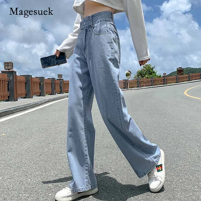 Autumn 2020 Chic Clothes All-match with Pocket Fashion High Waist Jeans Casual Jeans Woman Loose Wide Leg Denim Trousers  10737