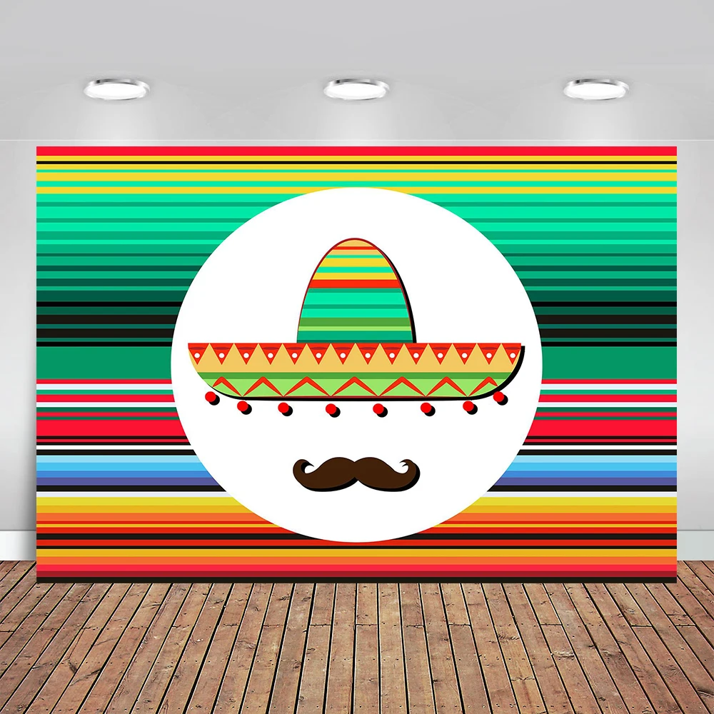 Mexican Man Sombrero Poncho Backdrops Photography Blanket Stripes and Mustache Studio Backgrounds for Cinco De Mayo Party