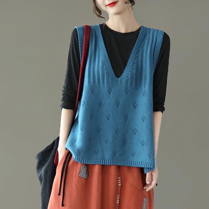 2021 New Spring Autumn Vintage Sweet Hollow Out Knitted Wool Women's Vest V-neck Pullover Girl Outdoor Leisure Simple BLue