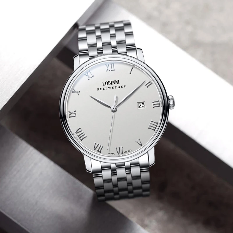 LOBINNI лучший бренд, классические автоматические механические часы из нержавеющей стали, мужские ультратонкие аналоговые водонепроницаемые часы с белым циферблатом