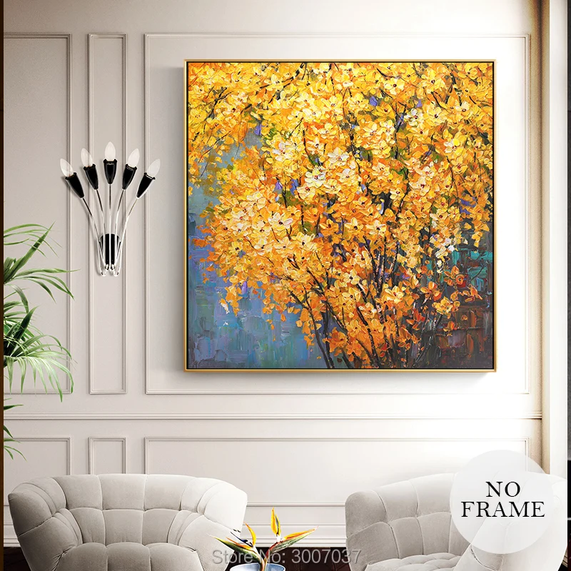 Modern Abstract Yellow Flowers Canvas Painting Golden Landscape Hand Painted Oil Wall Art Pictures For Living Room Home Decor