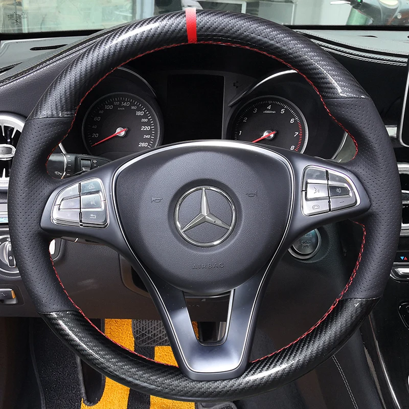 DIY hand sewn leather steering wheel cover For Benz c200l e300l glc260 c180l e200l gla cla car accessories steering wheel cover