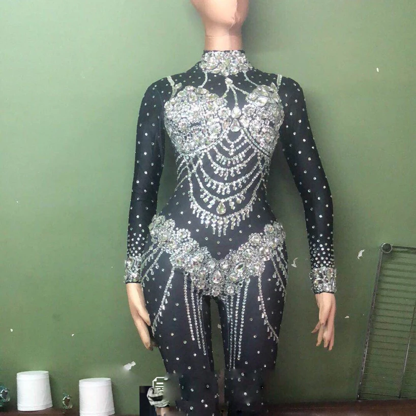 Sparkly Crystals Nude Jumpsuit Stretch Stones Outfit Celebrate Bright Rhinestones Bodysuit Costume Female Singer Birthday Dress