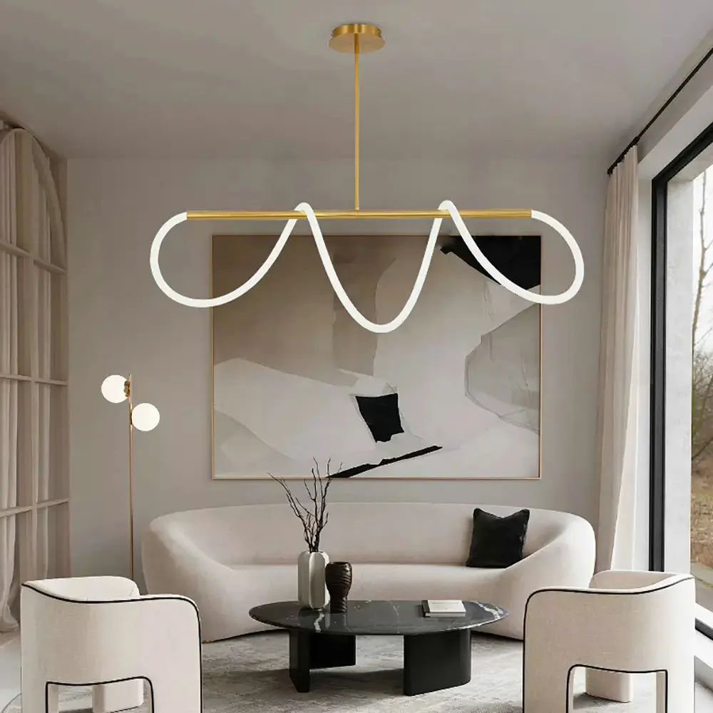 Nordic Design Gold LED Long Round Chandelier for Bedroom Living Dining Study Room Kitchen Shop Modern Indoor Decoration Lighting