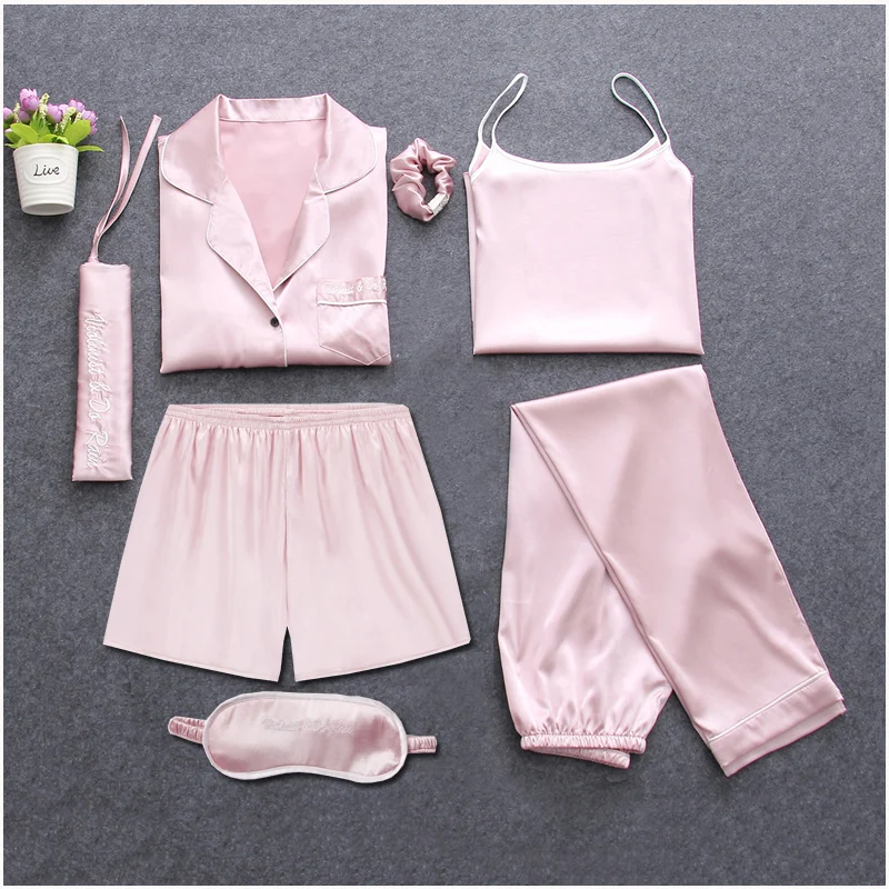 Strap Sleepwear Pyjamas Women\'s 7 Pieces Pink Pajamas Sets Satin Silk Lingerie Homewear Sleepwear Pyjamas Set Pijamas For Woman