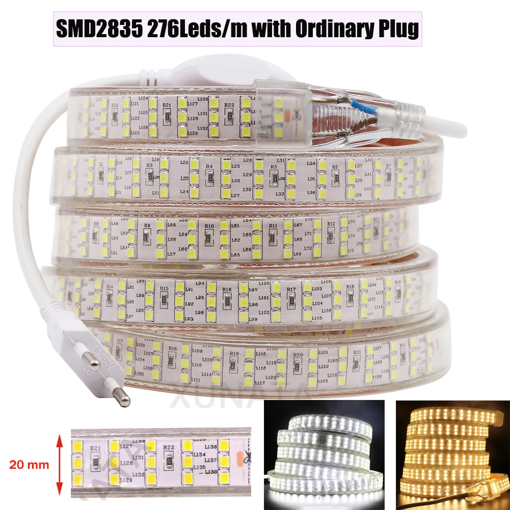 Super Bright 276Leds/m Three Row LED Strip Light 220V 2835 120Led/m Flexible Ribbon Tape Waterproof Stripe Light for Home Decor