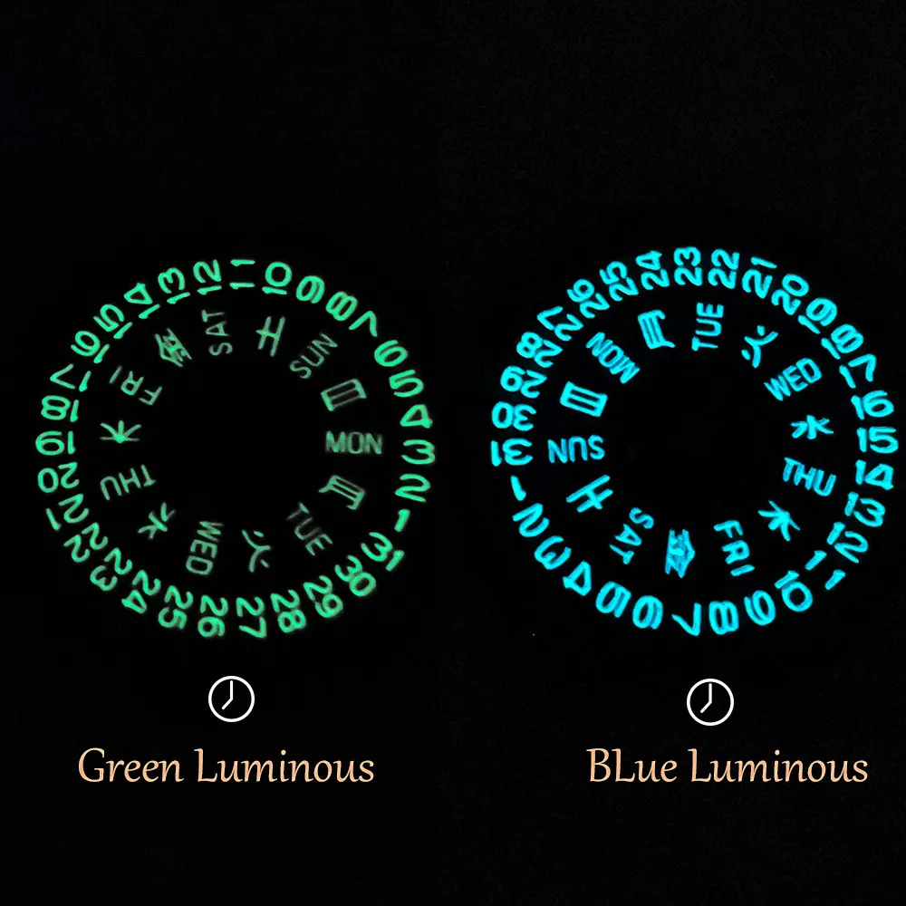 Blue Green Luminous NH36/NH36A Japan Movement Self-Winding Date/Day Watch Replacements Part Crown at 3 Luminous