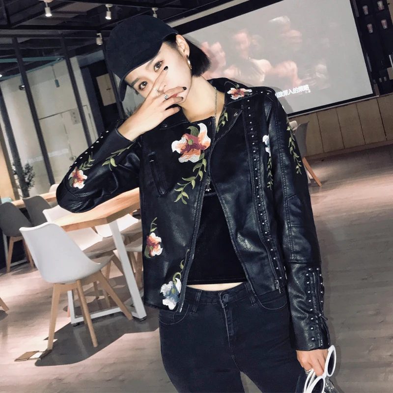 FTLZZ Floral Print Embroidery Women Pu Leather Jacket Turn-down Collar Faux Soft Leather Motorcycle Black Short Punk Outerwear