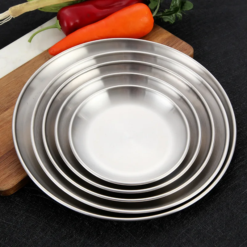 Round Stainless Steel Dinner Plates Flat Insulated Thick BBQ Shallow Dishes Western Steak Cake Fruit Tray Kitchen Accessories