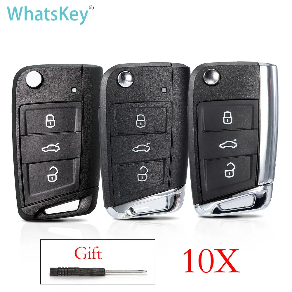 WhatsKey 10Pcs Car Key Shell For VW Golf 7 MK7 MQB Seat Leon Passat Skoda Octavia A7 3 button Flip Remote auto Case Shiny metal