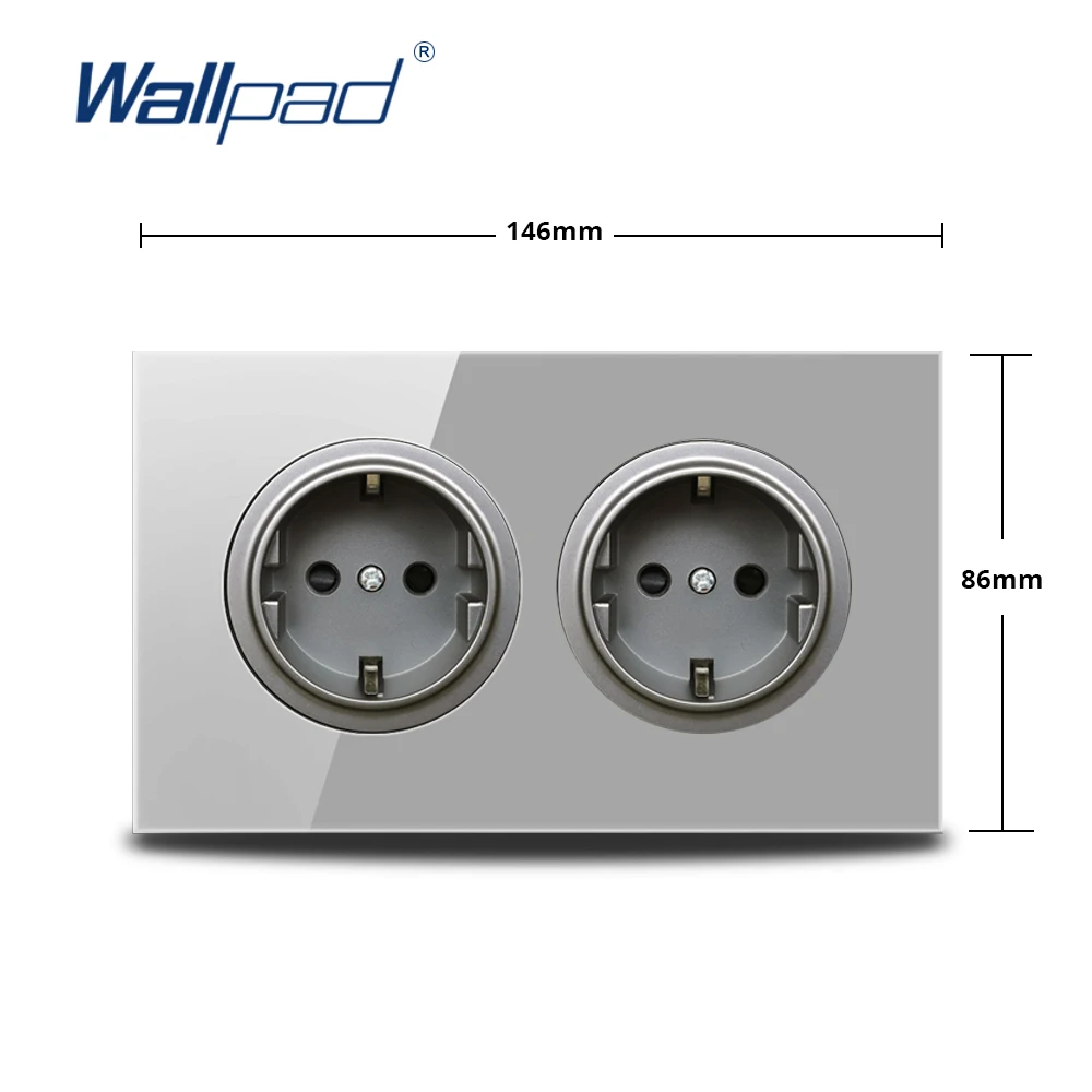 Wallpad Double EU Wall Socket French Electrical Outlet with Round LED Wall Switch, Grey Tempered Glass Panel, 146mm, L6