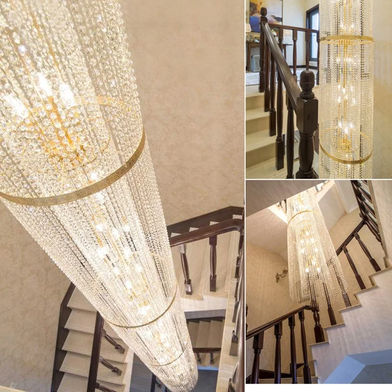 Long Crystal Chandelier Light Double Living Room Lamp Big Hall Crystal Chandelier Luxury Large Gold Crystal Light Fixture E14