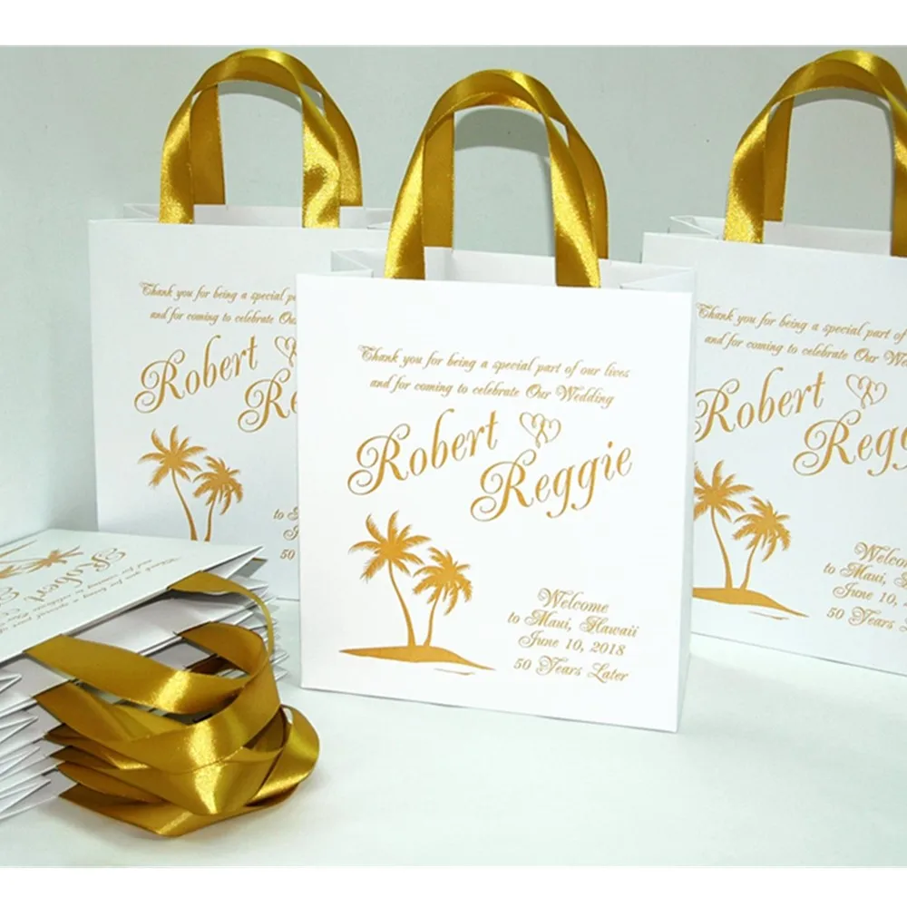 Personalized  Gold Wedding Welcome Bags  with satin  ribbon  and your names Beach  Wedding favor Tropic welcome Gifts and Favors