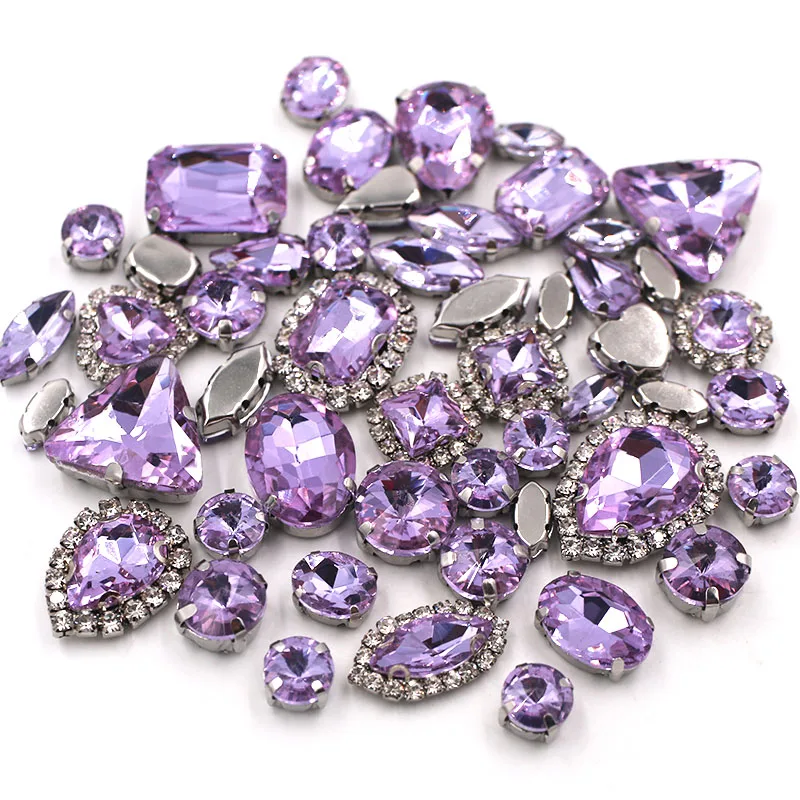 50pcs/Bag Crystal Viole Mixed Shape Sew on Glass Rhinestone Silver Claw Crystal Buckle Diy Wedding Decoration Clothes/Shoe/Dress