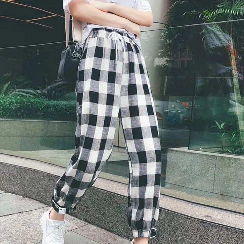 

Black White Plaid Pants Sweatpants Women Side Stripe Trousers Casual Cotton Comfortable Elastic Pants Joggers