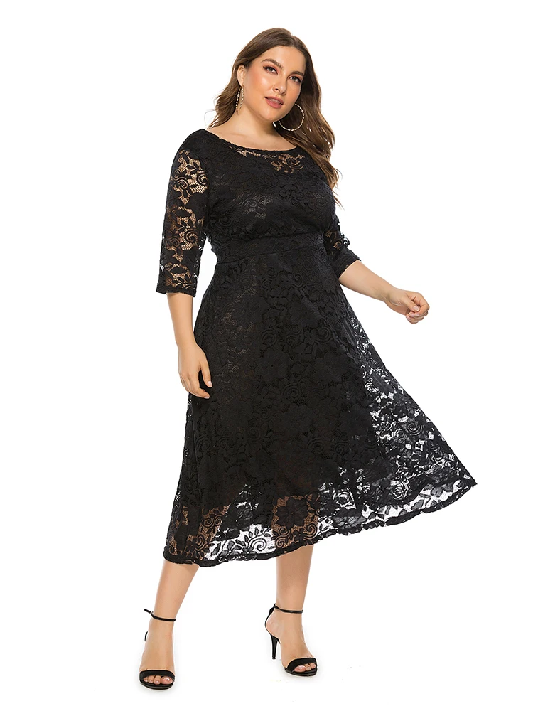 Plus Größe Spitze Abendkleid A-linie Tee-länge Kleid mit Taschen für Party vestidos de fiesta de noche hülse Familie Party