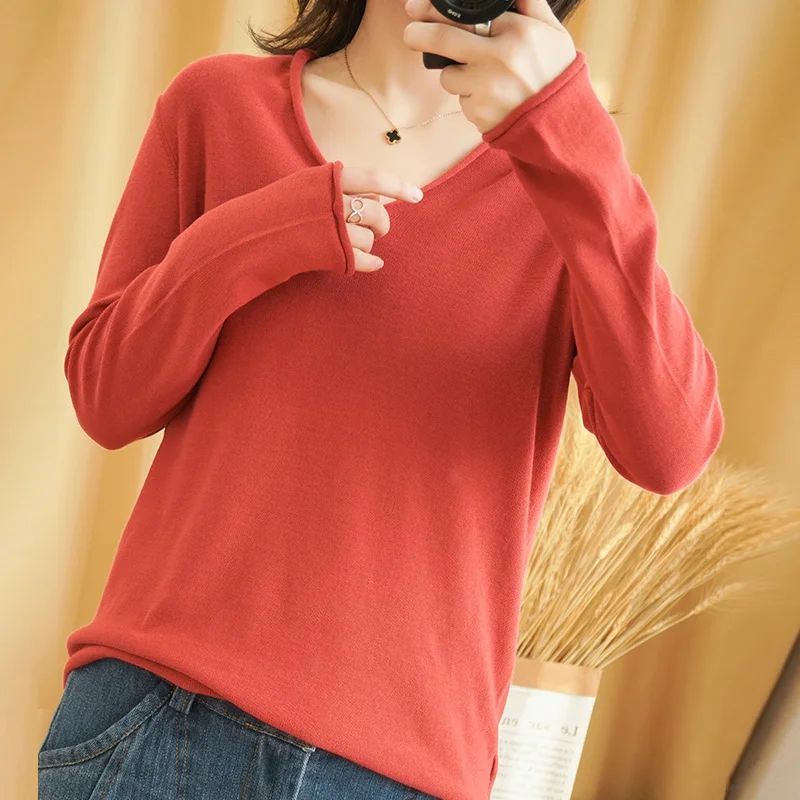 2023 long-sleeved knit sweater pullover bottoming shirt Solid color spring summer cotton T-shirt V-neck blouse Slim women