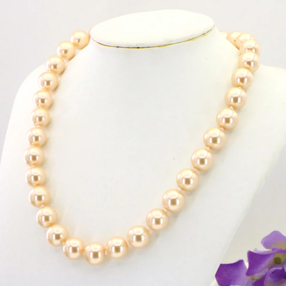 Fashion Charmming 12mm Pink Orange Shell Pearl Necklace Woman Girl Christmas Wedding Gifts Jewelry Making 33pcs/strands 18inch