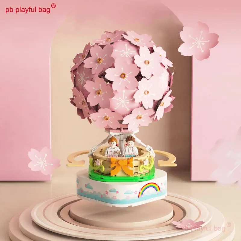 

PB Playful Bag Japanese Street View Sakura hot air balloon Rotary music box Creative building blocks children's toys gift UG161