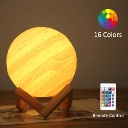 3d impressão júpiter lâmpada lua luz terra 16 cores remoto contorl recarregável night light criança bebê quarto decoração colorida