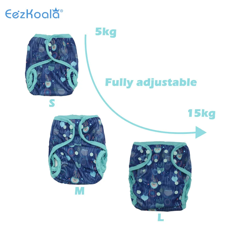 EezKoala OneSize غطاء حفاضات من القماش مع أو بدون إدراج القطن الخيزران ، حفاضات الحفاض ، مقاوم للماء تنفس S & L قابل للتعديل