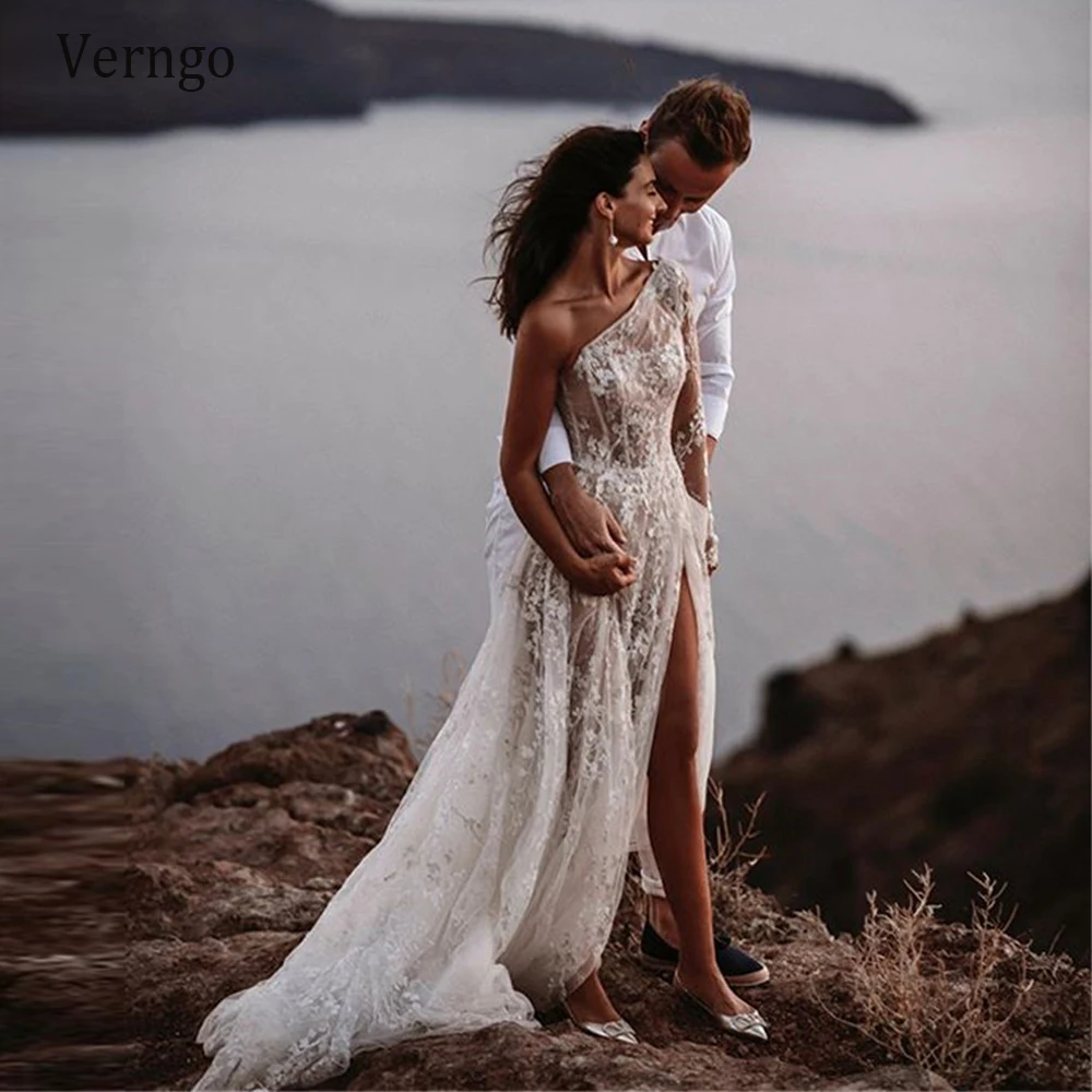 Verngo Bohemian Full Lace Floral Vestido De Noiva De Praia Um Ombro Manga Longa Modesto Uma Linha Vestido De Noiva Personalizado