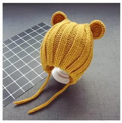 Knitted Winter Baby Hat with Ears Cartoon Lace-up Children Kids Baby bear Bonnet Cap in 6 Colors